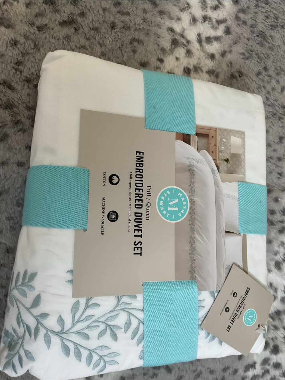 Martha Stewart Embroidered Duvet Cover Set in Aqua and White